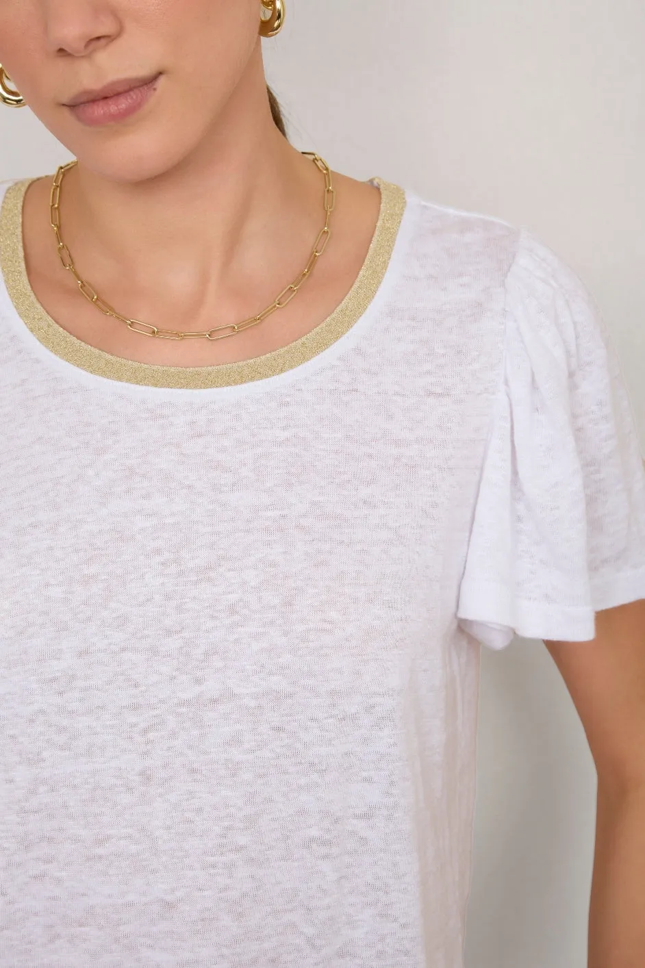 Lily Linen  Round Neck Tee Shirt - White