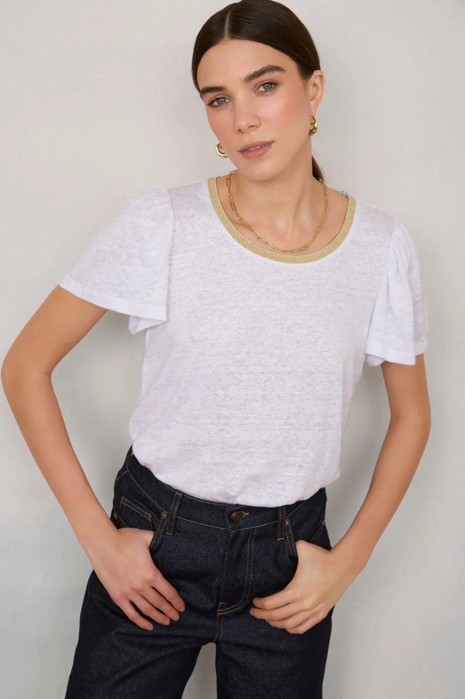 Lily Linen  Round Neck Tee Shirt - White