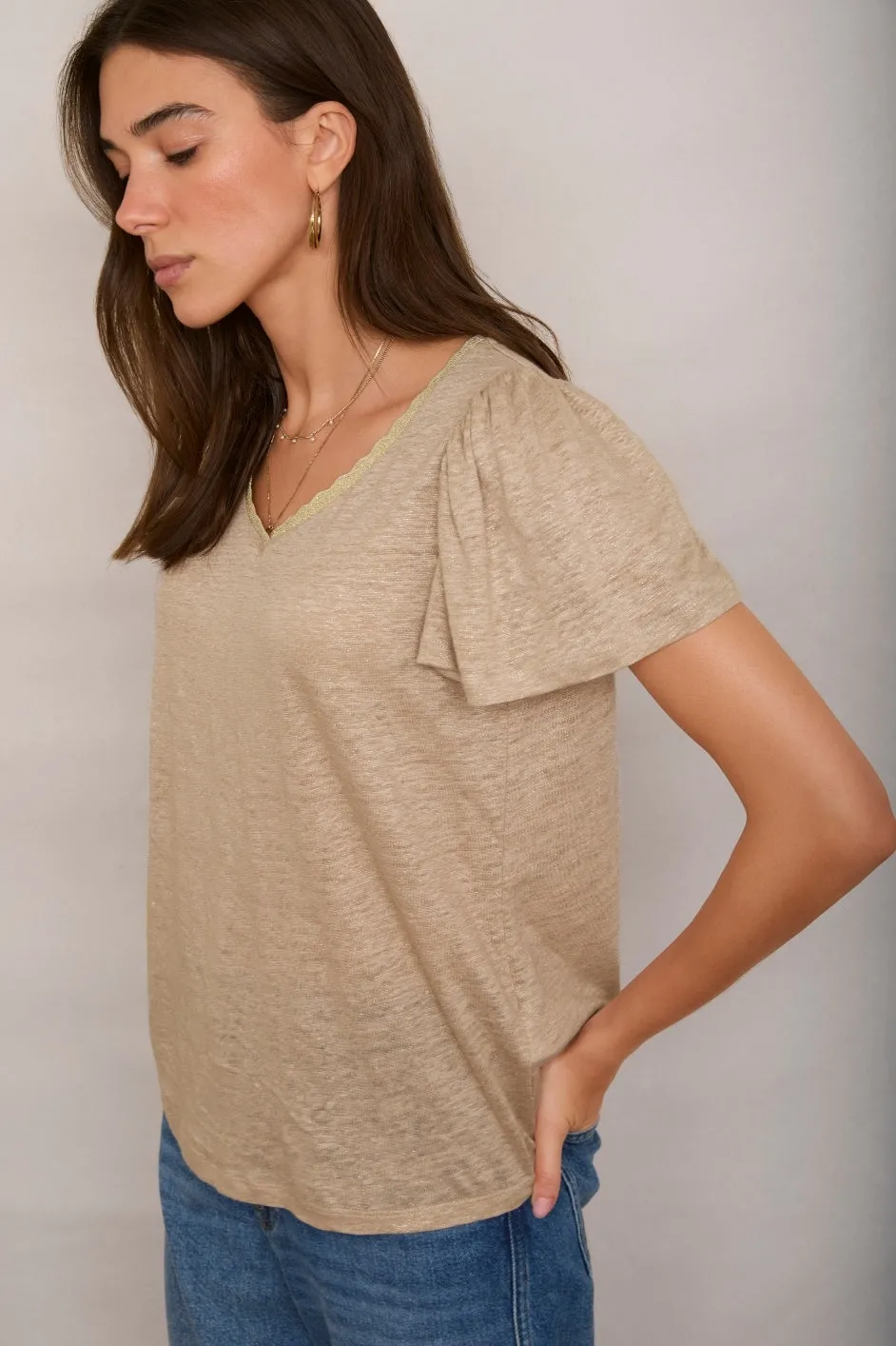 Lily Linen Shimmer Tee Shirt - Oat/Gold