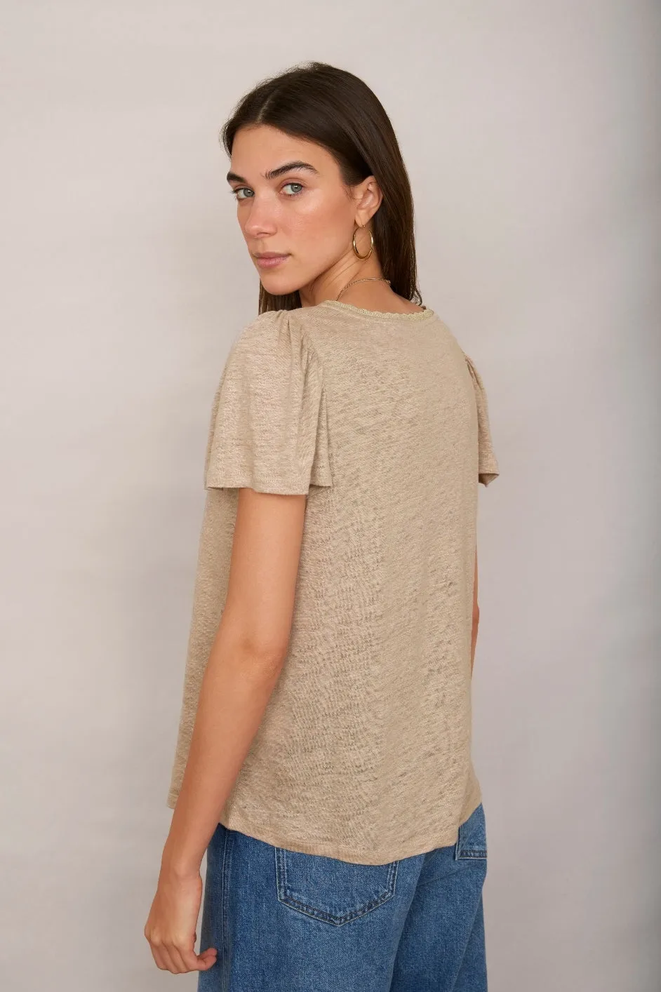 Lily Linen Shimmer Tee Shirt - Oat/Gold