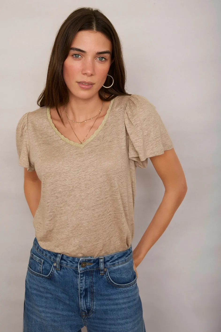 Lily Linen Shimmer Tee Shirt - Oat/Gold