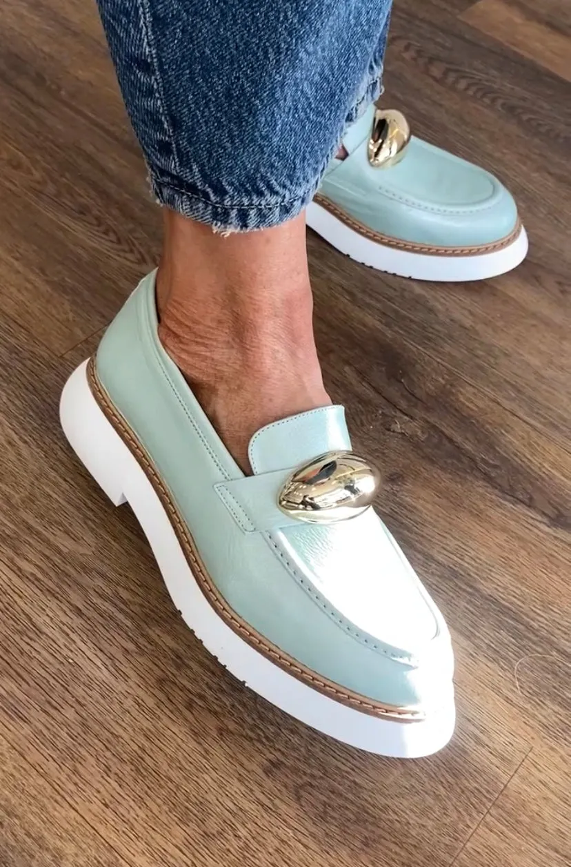 Marian Aqua Loafer with Gold Embellishment