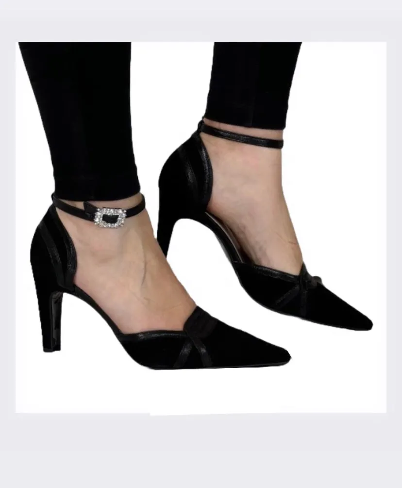 Marian Pointed Black Court Shoe with Ankle Strap