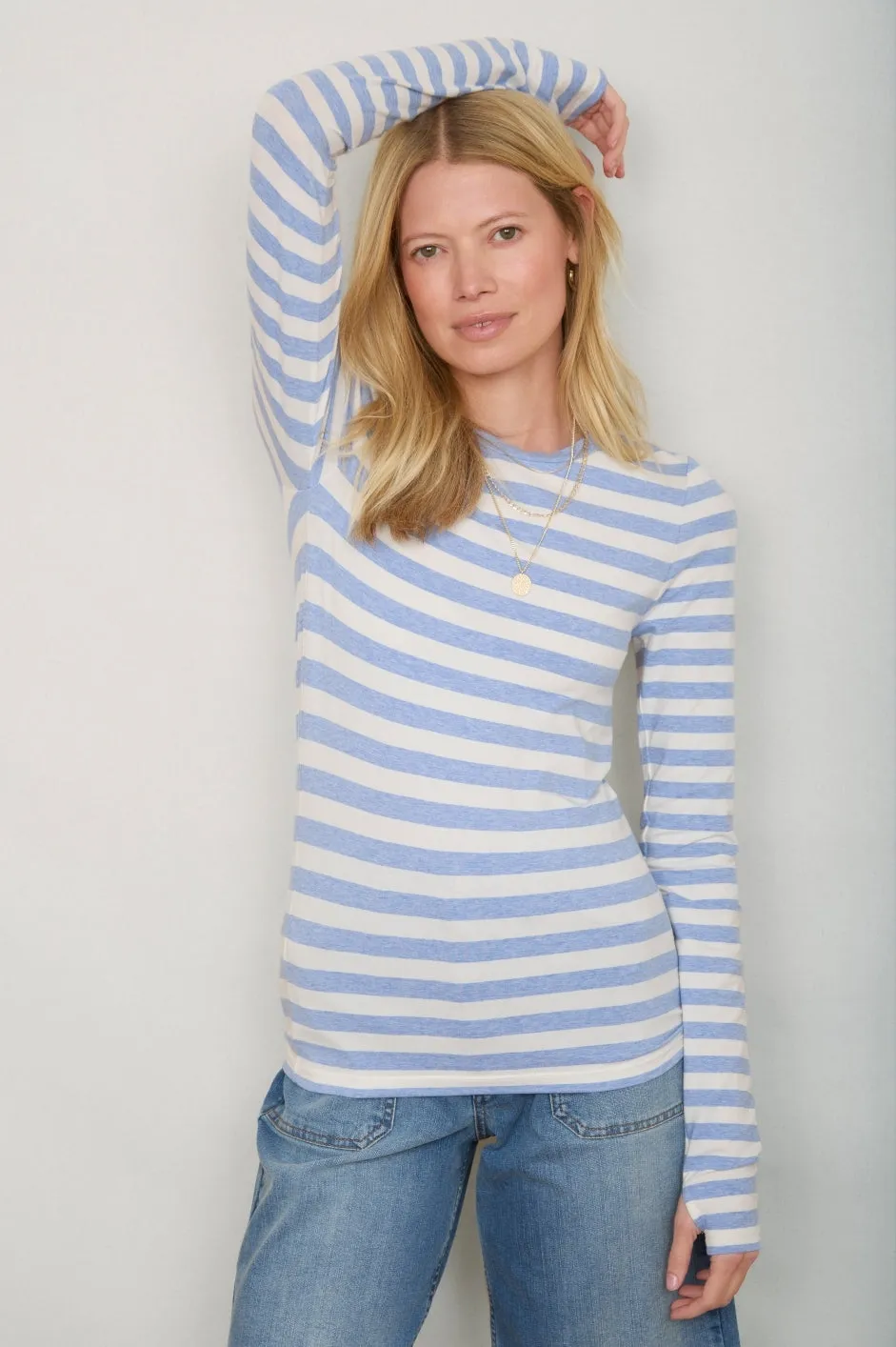 Marnie Long Sleeve Jersey Top - Denim Blue/Ivory Stripe