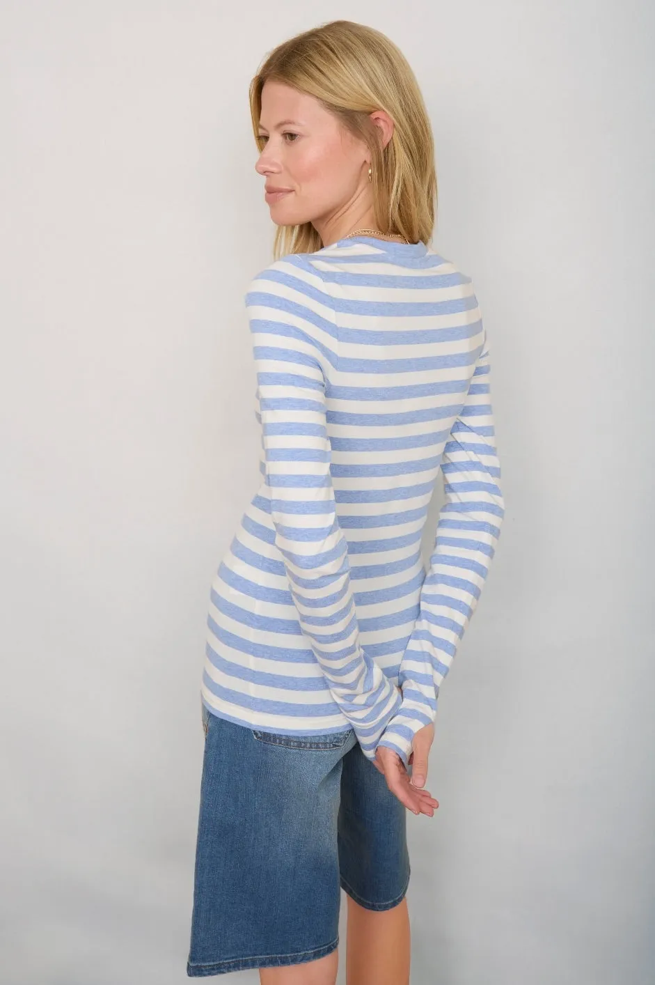 Marnie Long Sleeve Jersey Top - Denim Blue/Ivory Stripe