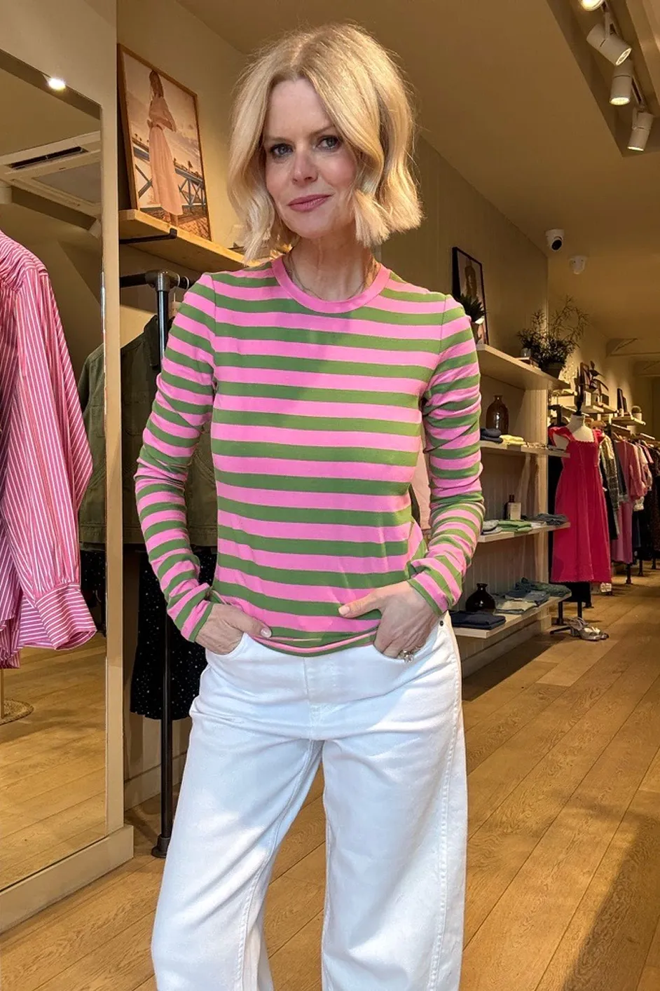 Marnie Long Sleeve Jersey Top - Sorbet Pink/Peridot Green Stripe