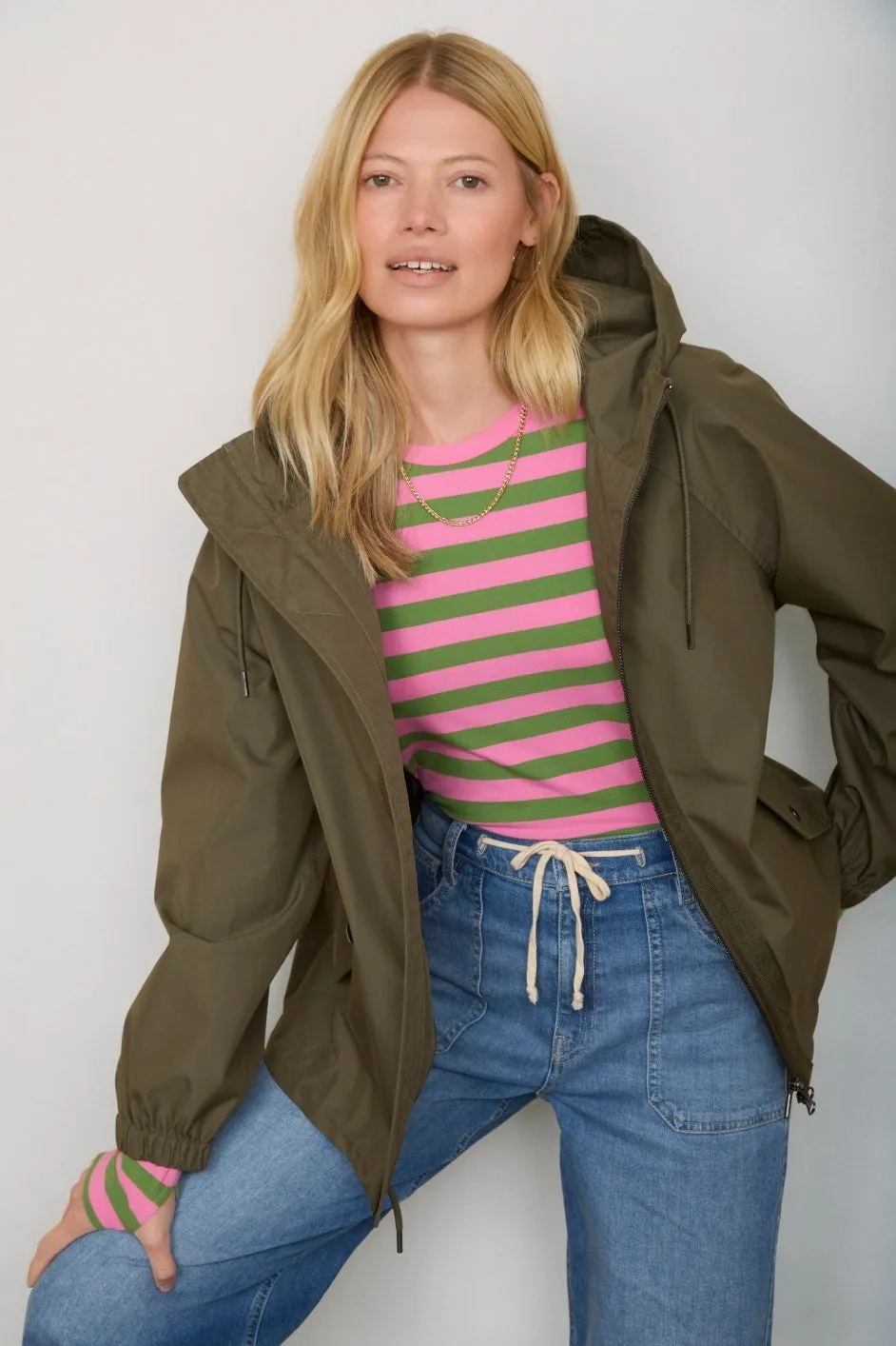 Marnie Long Sleeve Jersey Top - Sorbet Pink/Peridot Green Stripe