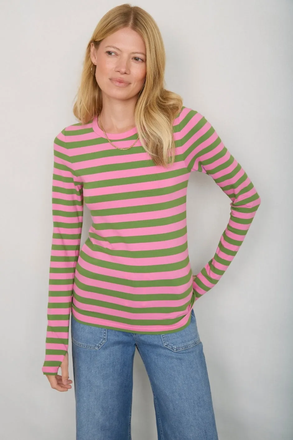 Marnie Long Sleeve Jersey Top - Sorbet Pink/Peridot Green Stripe