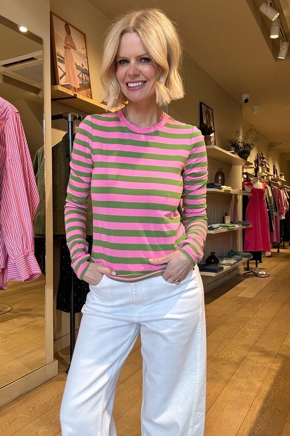 Marnie Long Sleeve Jersey Top - Sorbet Pink/Peridot Green Stripe