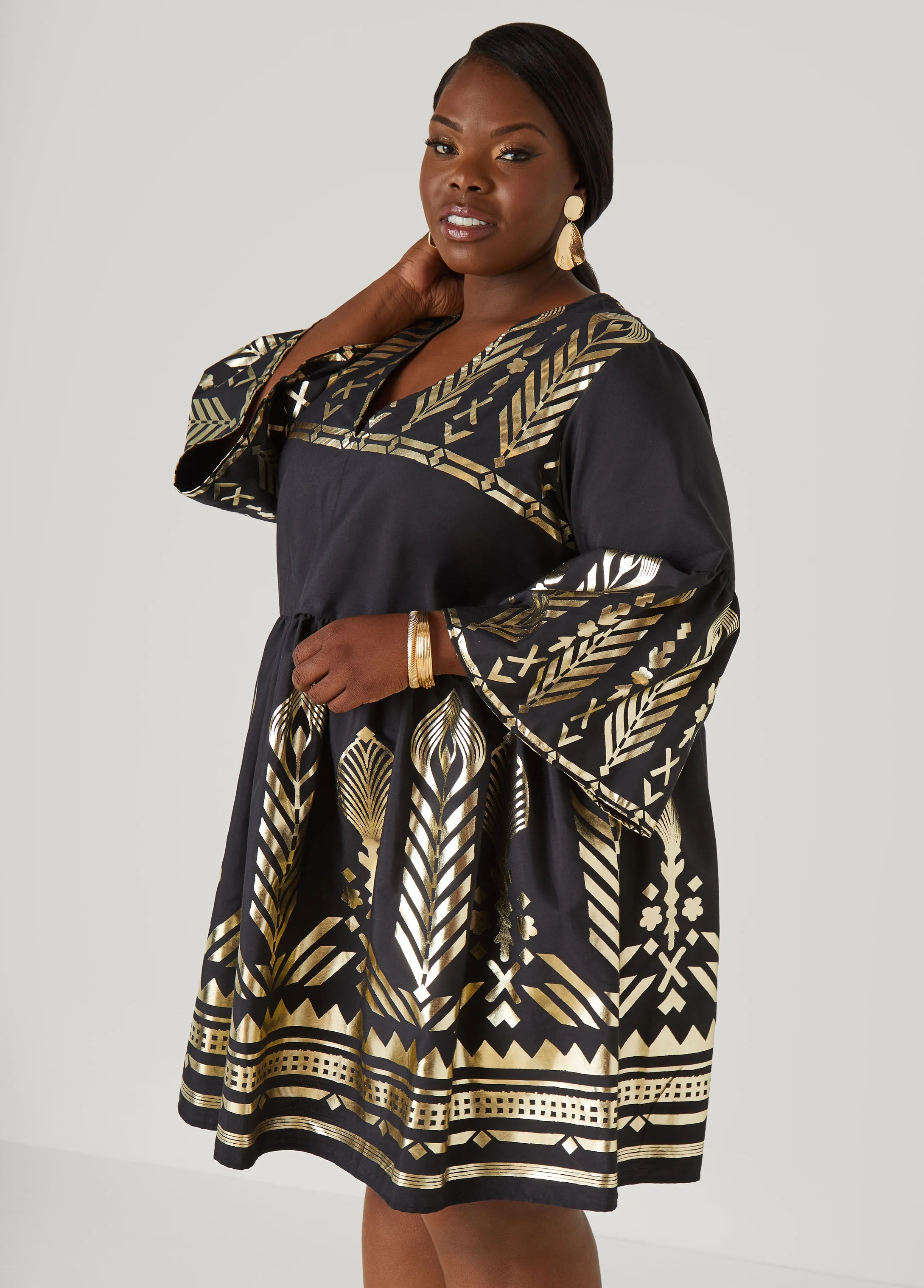 Metallic Print Babydoll Dress