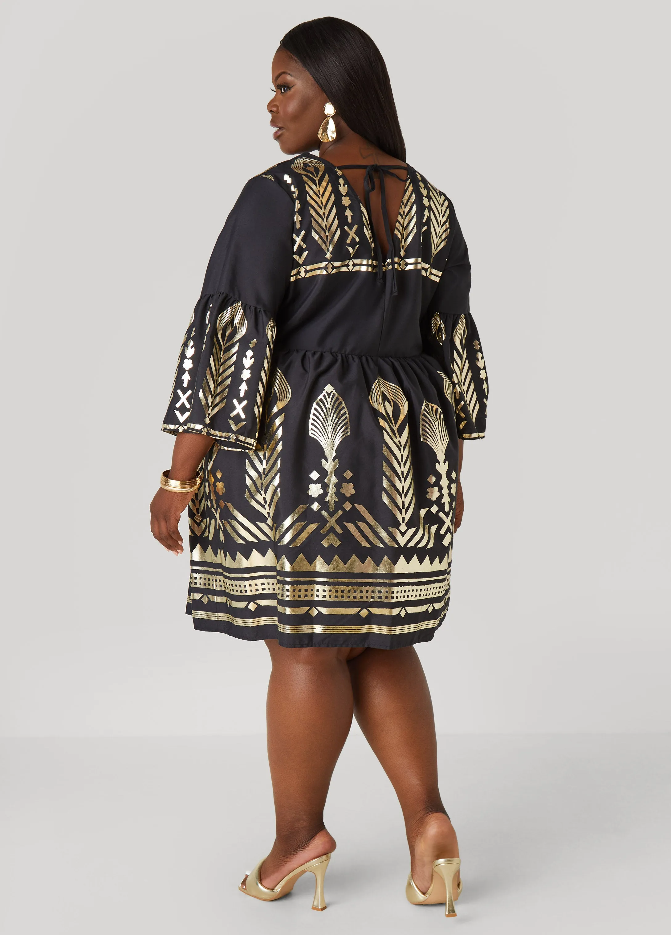 Metallic Print Babydoll Dress