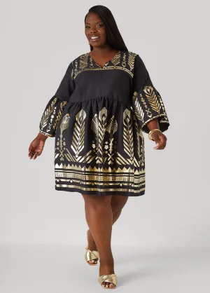 Metallic Print Babydoll Dress