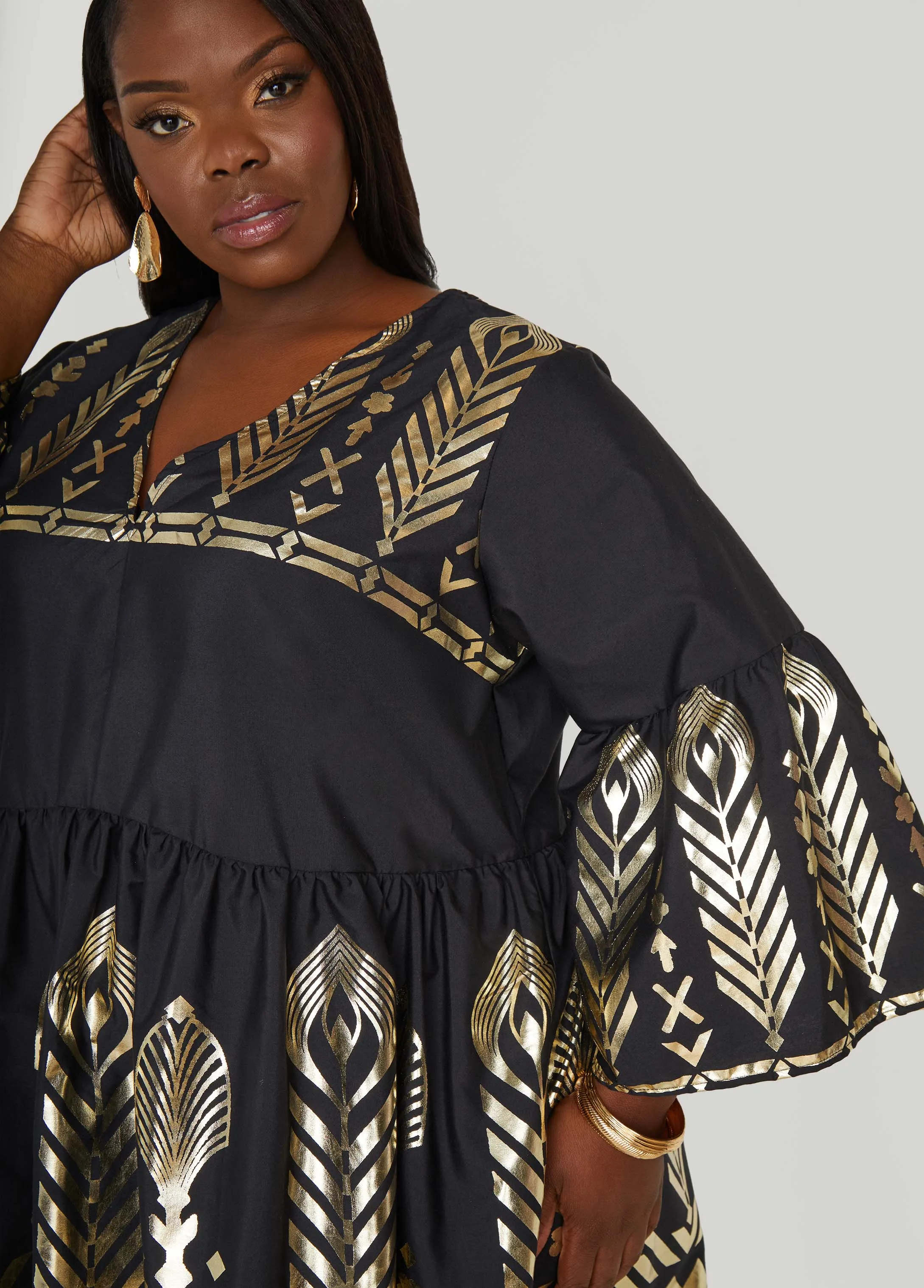 Metallic Print Babydoll Dress