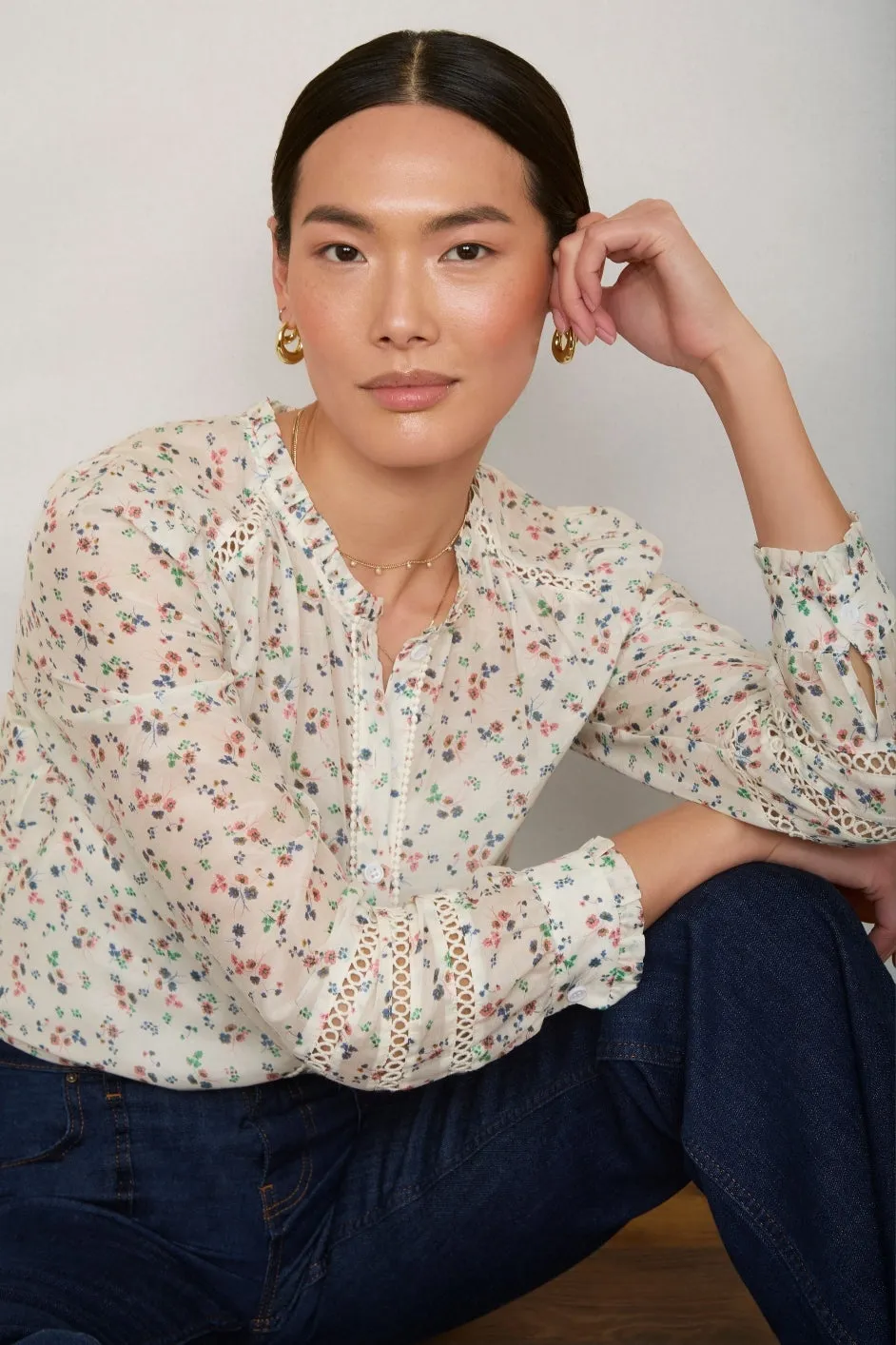 Parker Silk Blend Blouse - Ivory Ditsy Floral