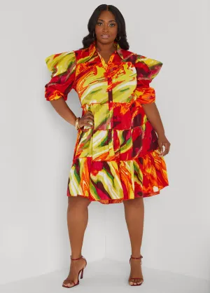 Ruffled Brushstroke Shirtdress