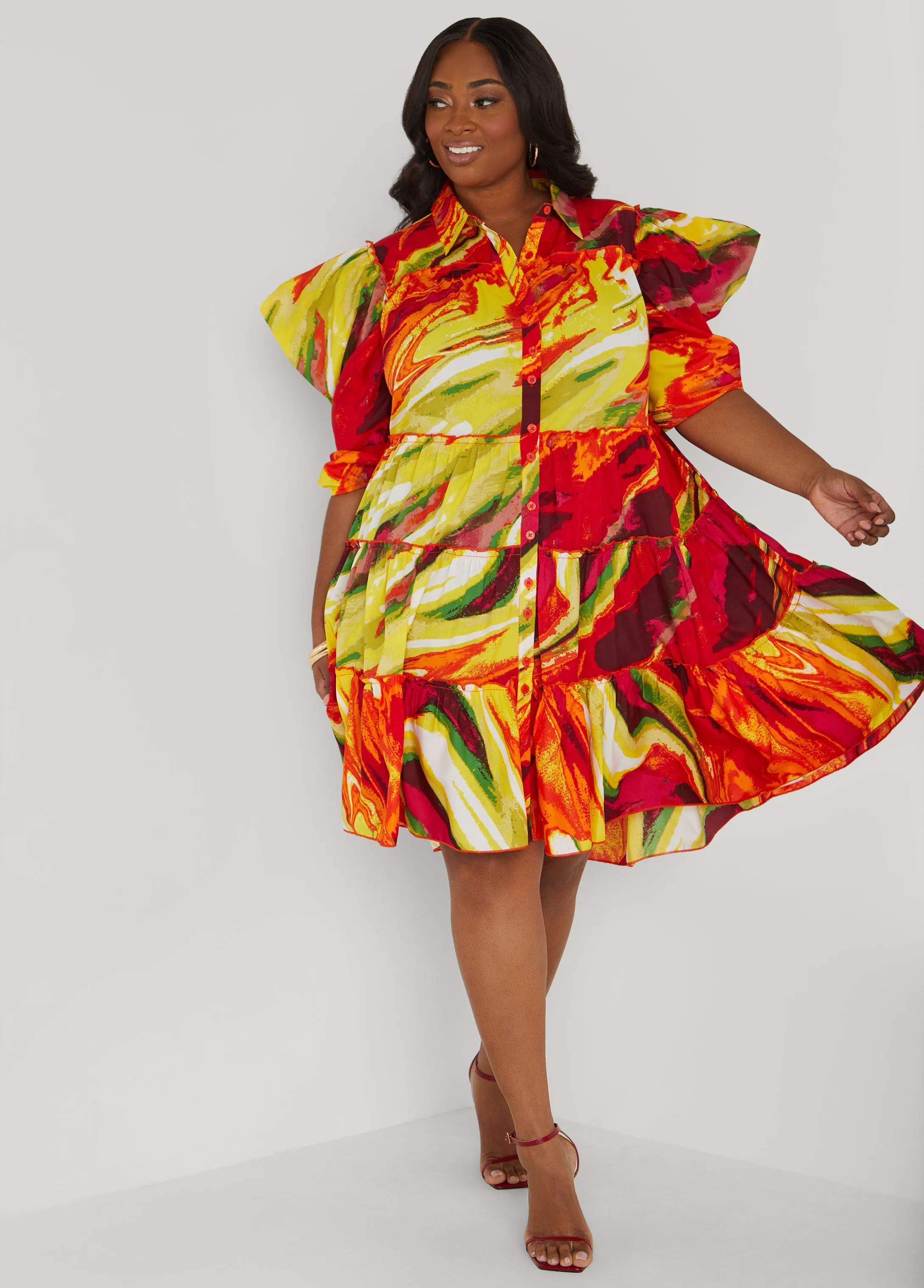 Ruffled Brushstroke Shirtdress