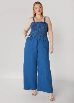 Shirred Denim Wide Leg Jumpsuit