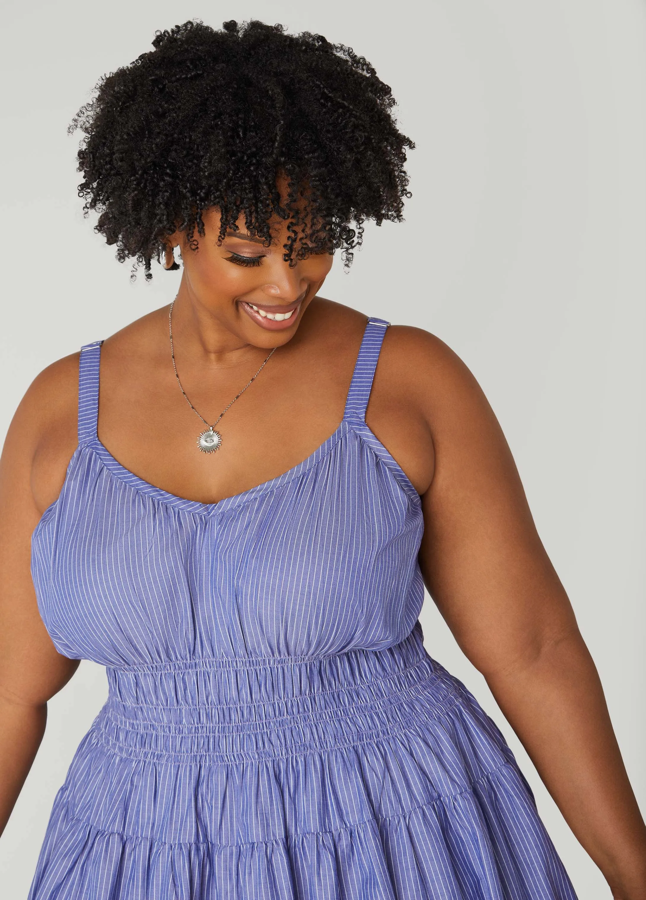 Shirred Striped Midaxi Dress