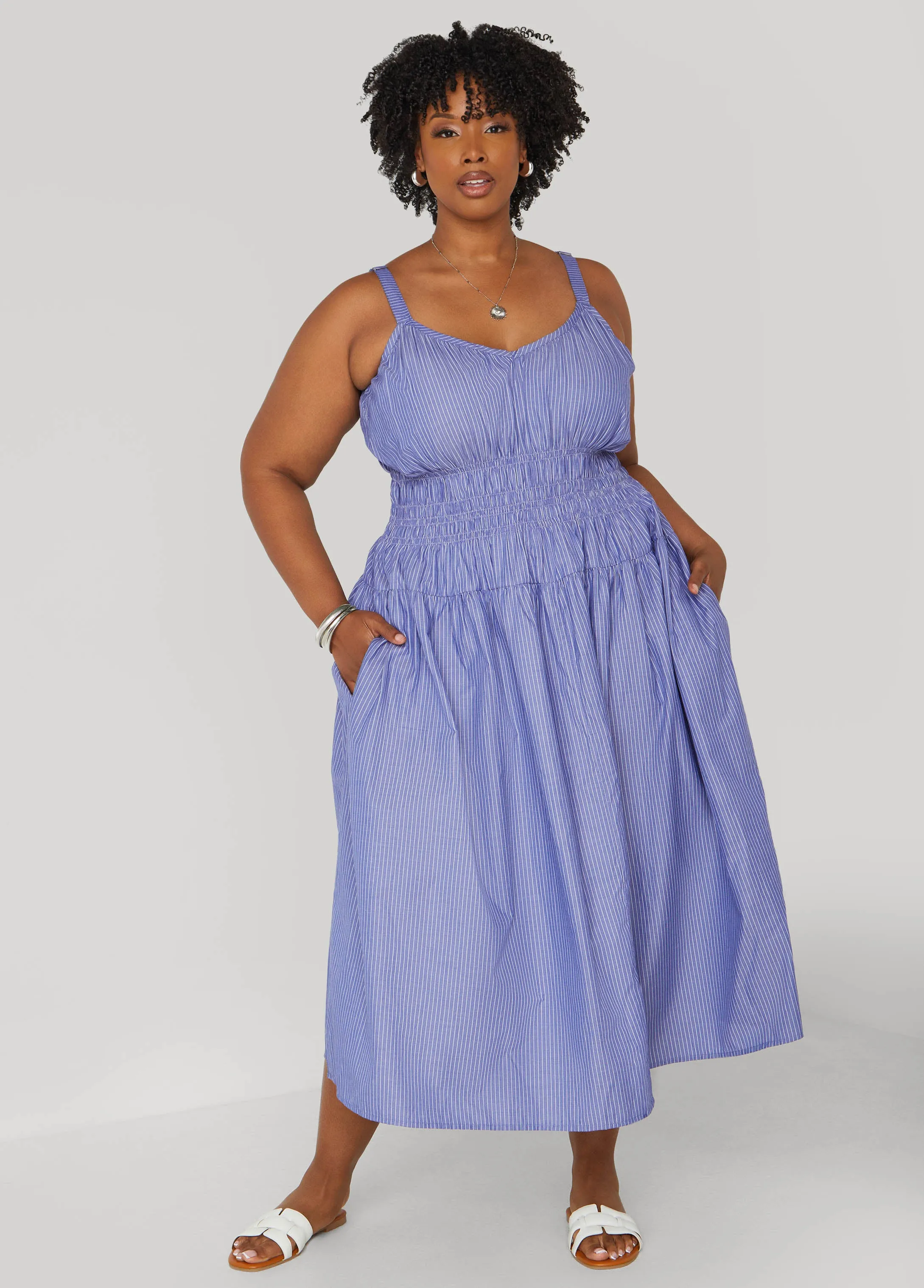 Shirred Striped Midaxi Dress