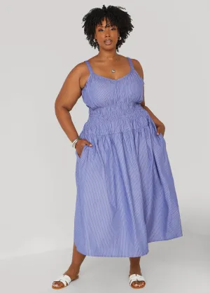 Shirred Striped Midaxi Dress