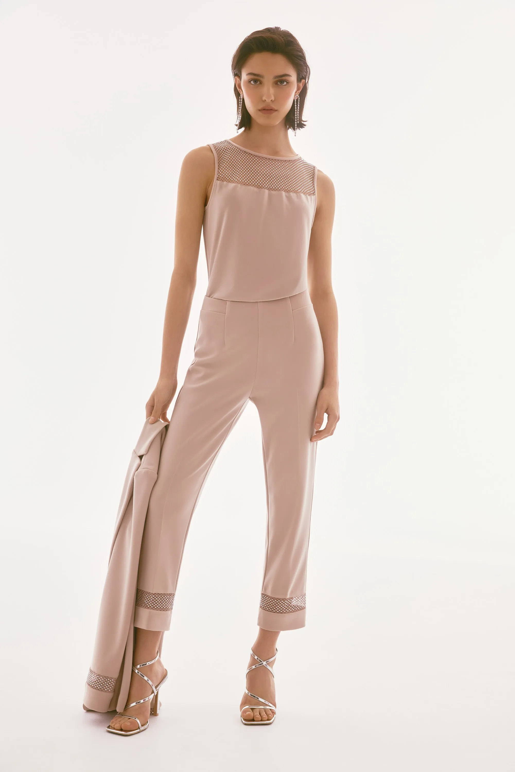 SIlky Knit And Rhinestone Mesh Pants 243753