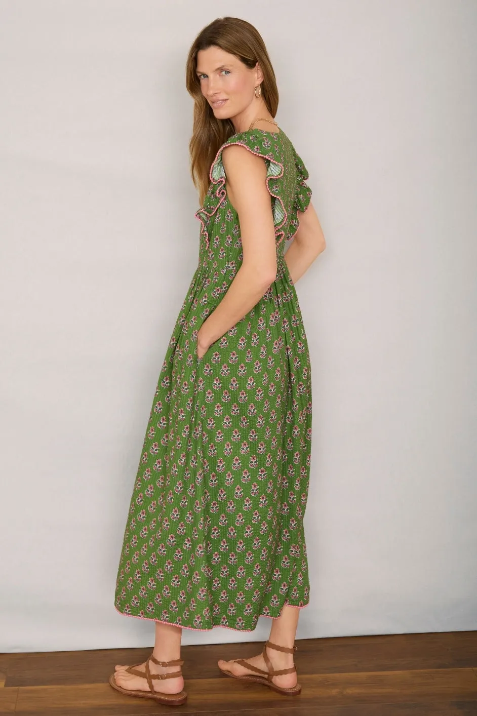 Simone Dress - Green Woodblock Print
