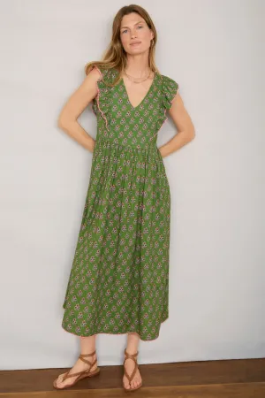 Simone Dress - Green Woodblock Print