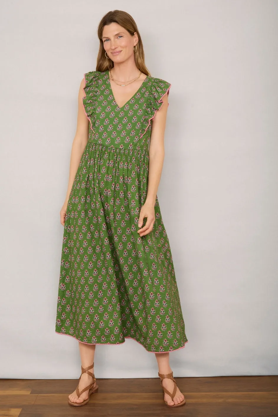 Simone Dress - Green Woodblock Print