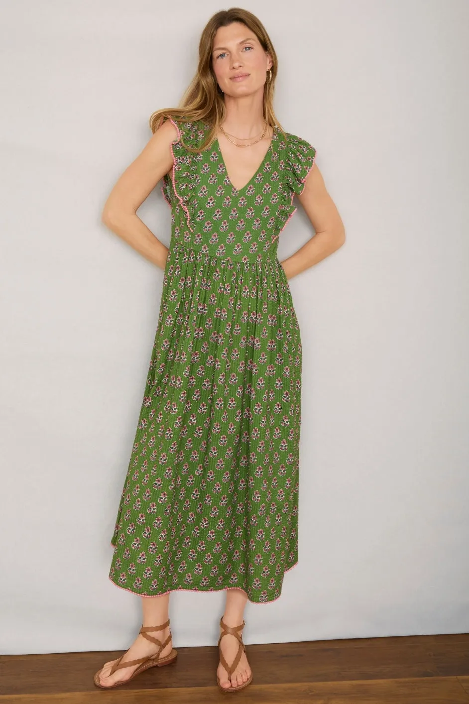 Simone Dress - Green Woodblock Print