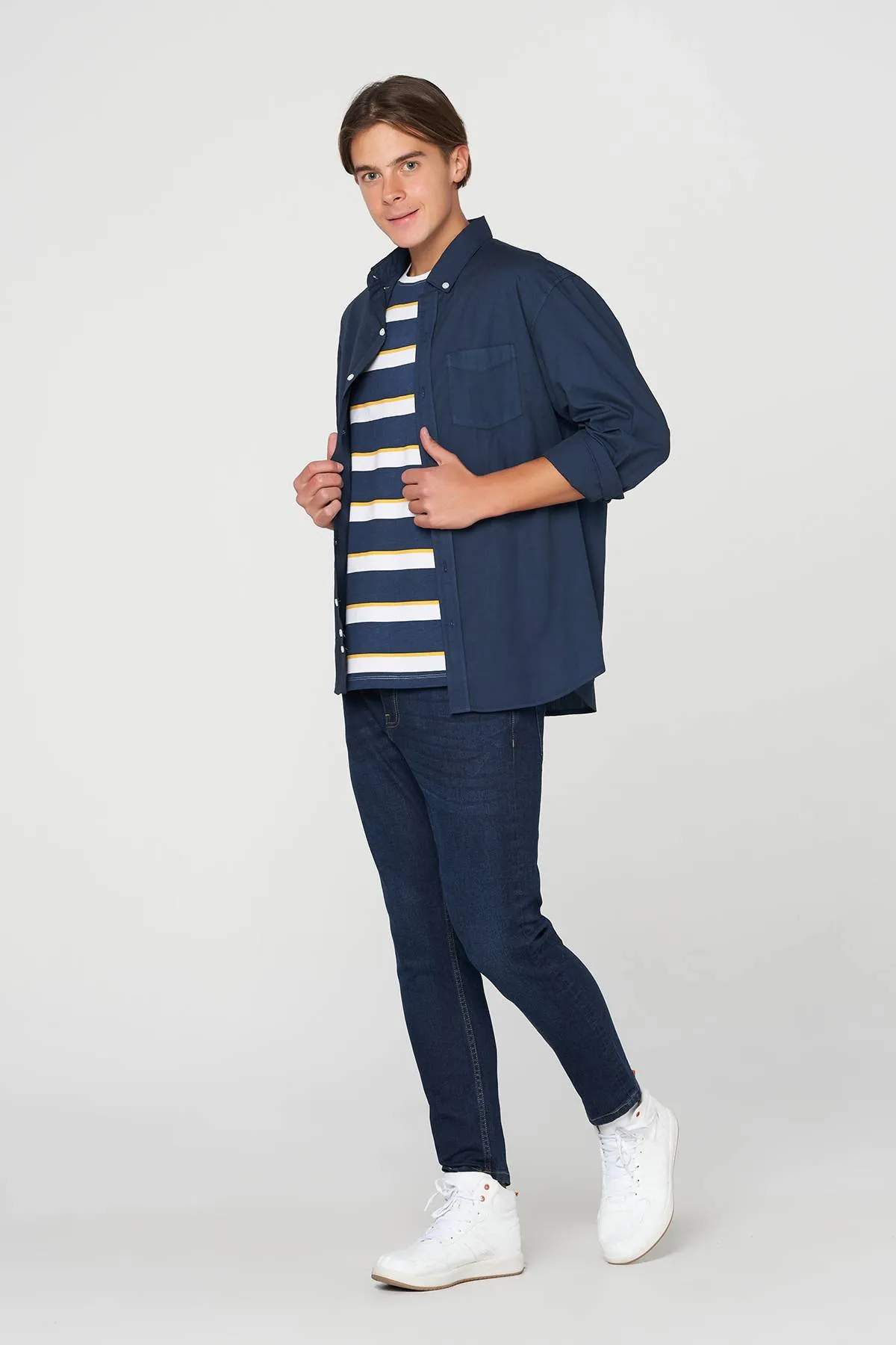 Solid Button Down Shirt For Men - Navy