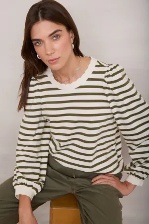 Stephanie Crew Neck - Ivory/Moss Green Stripe
