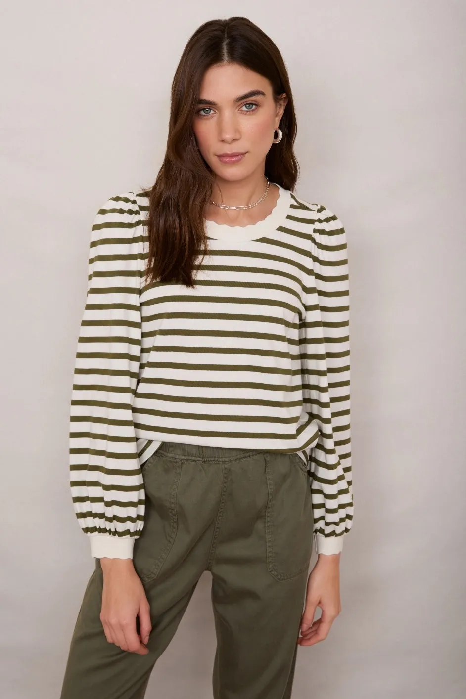 Stephanie Crew Neck - Ivory/Moss Green Stripe