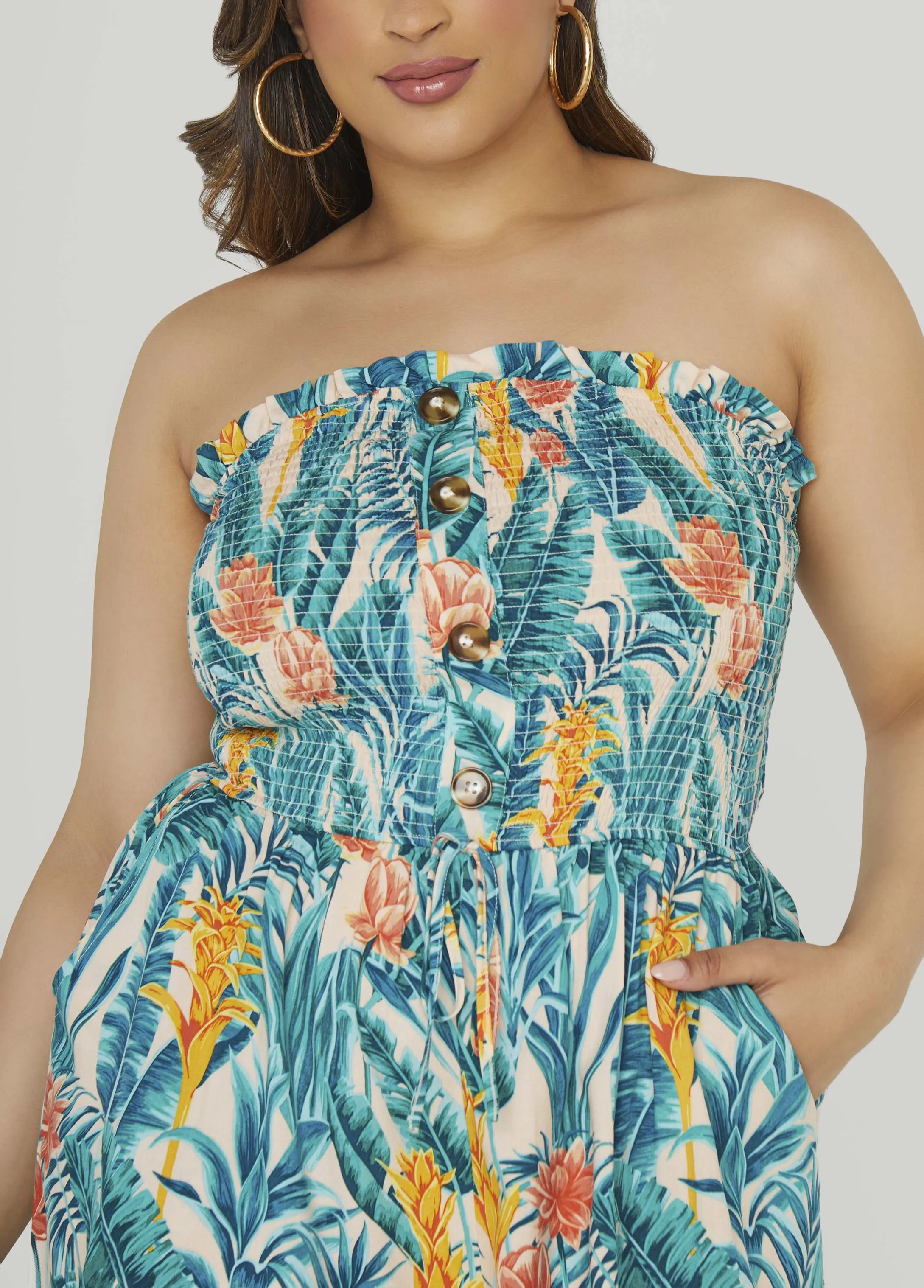 Strapless Tropical Print Romper