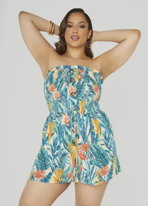 Strapless Tropical Print Romper