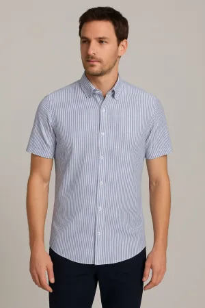 Stripe Half Sleeve Shirt For Men - Light Grey Blue - New Arrival