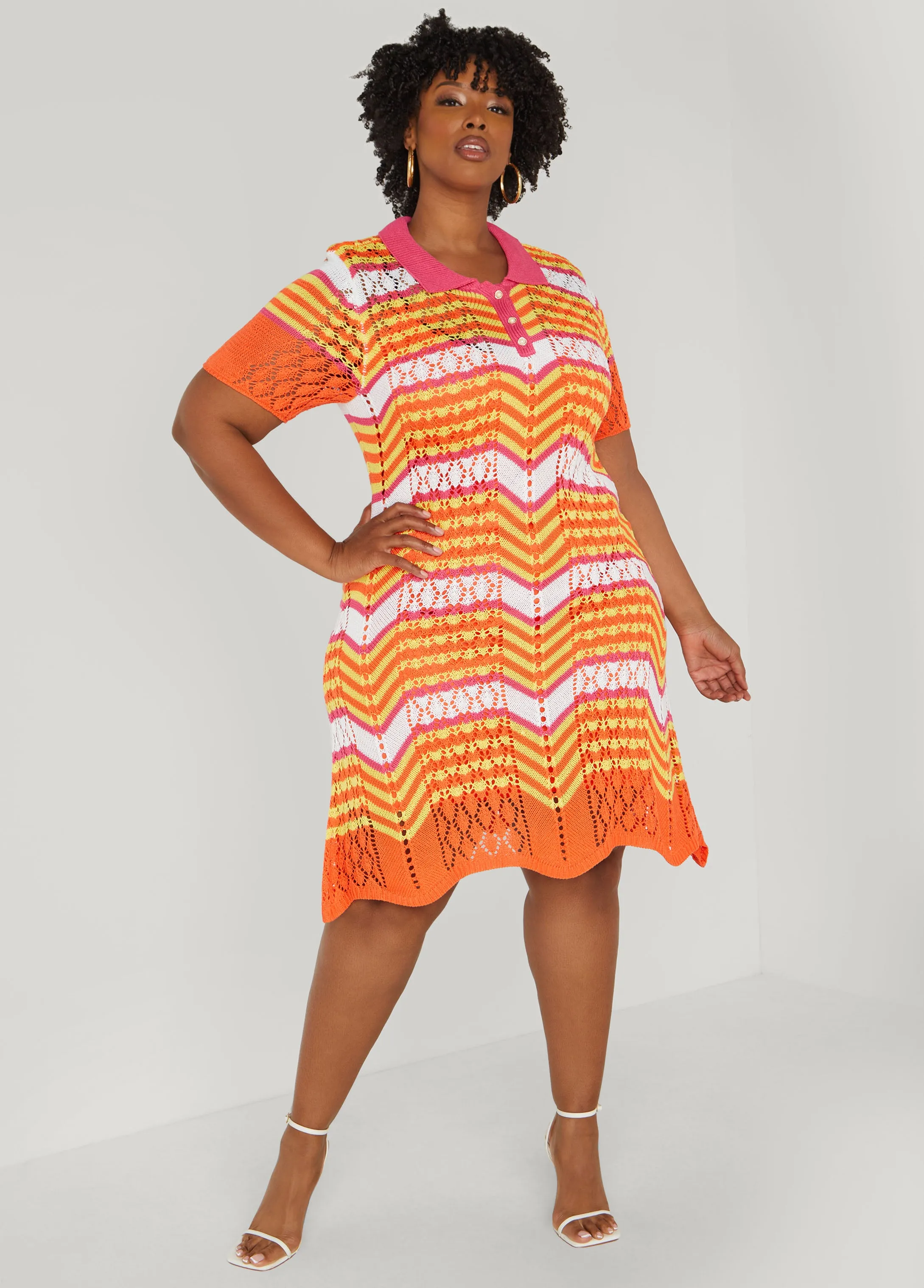 Striped Pointelle Knit Polo Dress
