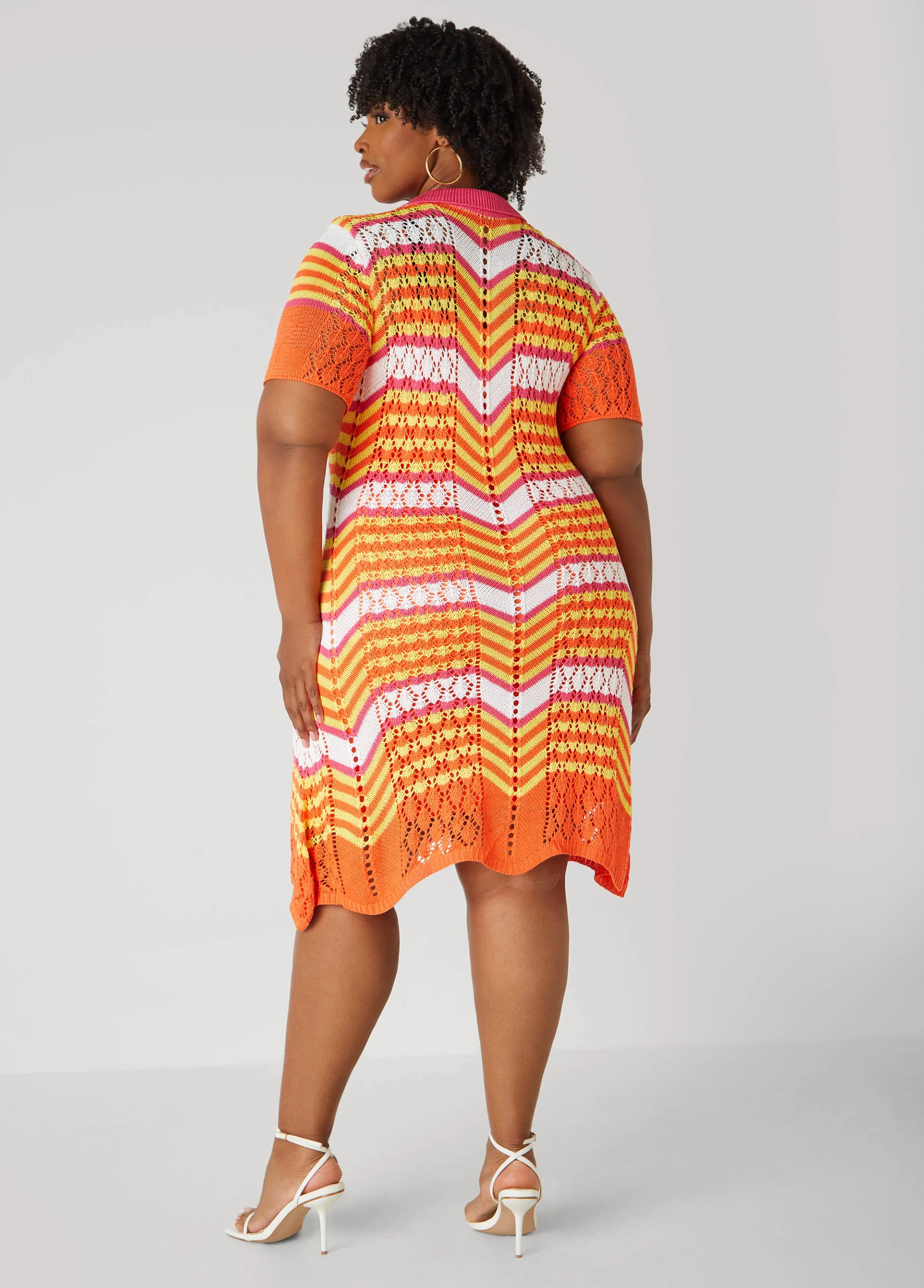 Striped Pointelle Knit Polo Dress
