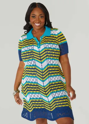 Striped Pointelle Knit Polo Dress
