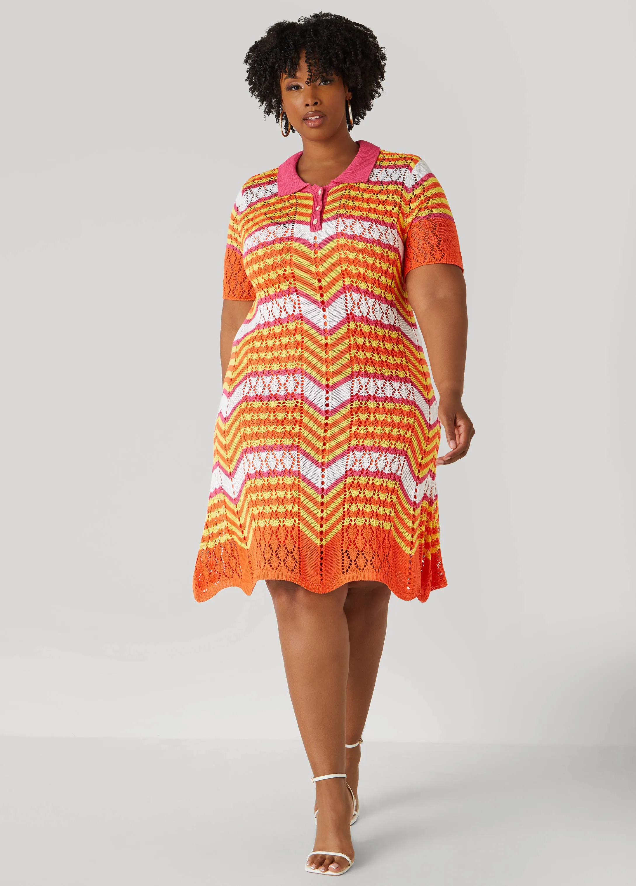 Striped Pointelle Knit Polo Dress