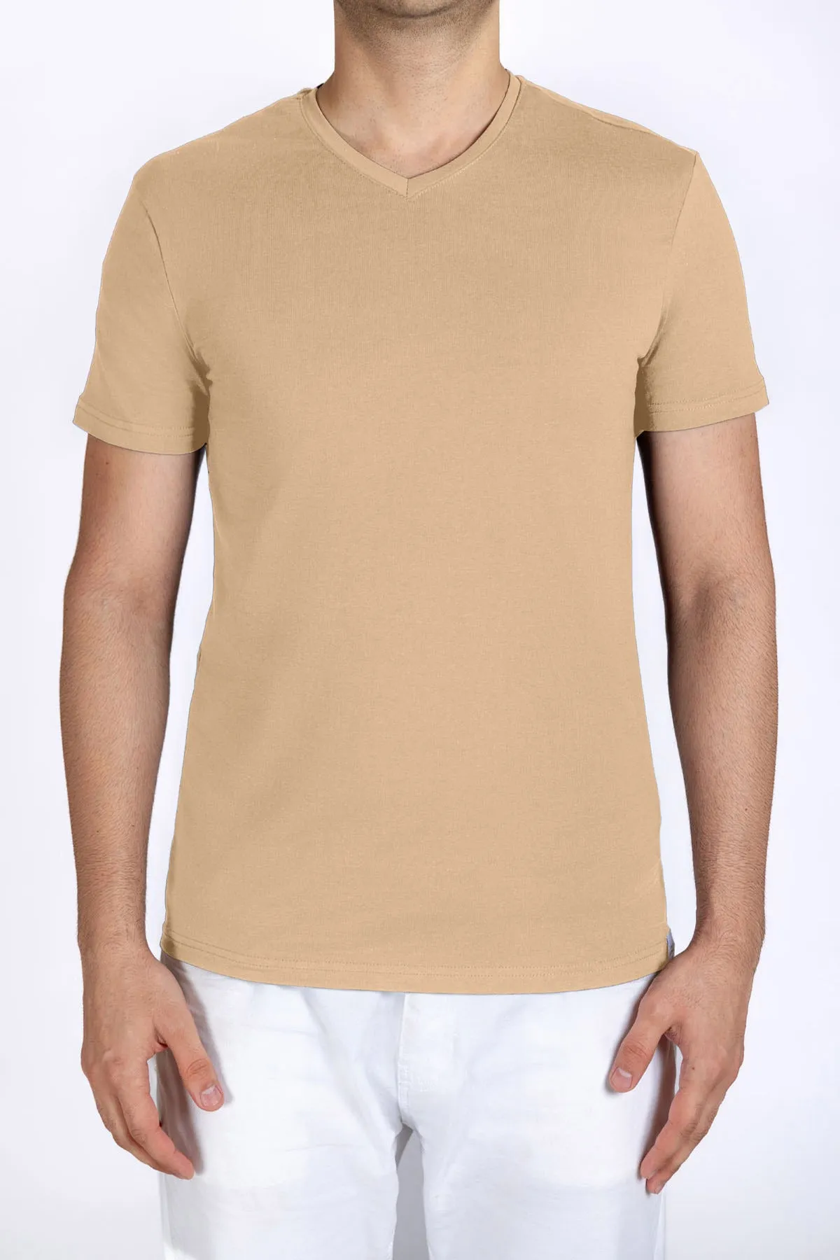 V-Neck Solid T-Shirt For Men - Skin