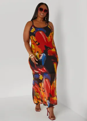 Watercolor Print Mesh Maxi Dress